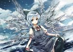  blue_dress blue_eyes blue_hair blue_sky bow cirno cloud day dress dress_lift hair_bow ice ice_wings monorino revision short_hair sky smile solo star_(sky) string touhou wings 