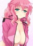  aqua_eyes breasts cleavage cropped_jacket feldt_grace gundam gundam_00 huge_breasts jacket open_clothes pink_hair plum_(arch) ponytail smile solo upper_body 