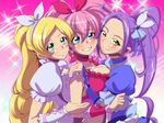  3girls blonde_hair blue_eyes blush breast_press breasts cure_beat cure_melody cure_rhythm earrings frills green_eyes headband houjou_hibiki jewelry kurokawa_ellen kurokawa_eren large_breasts minamino_kanade multiple_girls pink_hair precure purple_hair ribbon seiren_(suite_precure) siren_(suite_precure) suite_precure yellow_eyes 