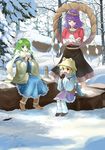  &gt;_&lt; bad_id bad_pixiv_id blonde_hair boots chagen_kokimu closed_eyes coat crossed_arms cup detached_sleeves drink frog green_eyes green_hair hair_ribbon highres kochiya_sanae leg_warmers long_hair mirror moriya_suwako multiple_girls open_mouth pine_tree purple_hair red_eyes ribbon rock rope scarf shimenawa short_hair sitting skirt smile snow snow_boots touhou tree winter_clothes yasaka_kanako yellow_eyes 