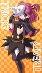  black_legwear checkered checkered_background dress food_themed_hair_ornament hair_bobbles hair_ornament halloween jack-o'-lantern mask orange_background pantyhose pink_hair precure pumpkin pumpkin_hair_ornament purple_eyes shawl shoes short_hair short_twintails smile solo standing standing_on_one_leg tonpuu trick_or_treat twintails two_side_up yes!_precure_5 yumehara_nozomi 