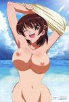  1girl ;d armpits arms_up bangs blush body_blush bouncing_breasts breasts brown_eyes brown_hair cleavage cloud clouds crossed_arms curvy exhibitionism fujiwara_naeka hair_between_eyes hair_ornament hairclip head_tilt highres kamen_no_maid_guy large_breasts light_rays looking_at_viewer megami mound_of_venus naked navel nipples nude nude_filter ocean official_art one_eye_closed ootsuka_midori open_mouth out-of-frame_censoring outdoors photoshop pinky_out public_nudity scan shirt shirt_lift short_hair sideboob sky smile solo standing sunbeam sunlight unaligned_breasts undressing water wide_hips wink 