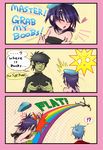  1girl 2boys 2d 2d_(gorillaz) angry comic cross cross_necklace cyborg_noodle gorillaz green_skin hat heart inverted_cross multiple_boys murdoc_niccals punching rainbow violence 