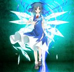  bad_id bad_pixiv_id blue_dress blue_eyes blue_hair cirno dress fairy ice miyu_(lacrima) ribbon short_hair smile solo torn_clothes torn_dress touhou walking wings 