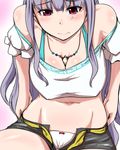  bare_shoulders blush bow bow_panties breasts clearite cleavage cosplay ganaha_hibiki ganaha_hibiki_(cosplay) grey_hair groin highres idolmaster idolmaster_(classic) jewelry large_breasts long_hair navel necklace panties purple_eyes shijou_takane short_shorts shorts solo underwear undressing white_panties 