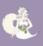  anthro arctic_fox arm_tattoo beautiful belsevuka bouquet canine crescent_moon dress female flower flower_petals fox looking_away looking_away_from_viewer mammal moon necklace purple purple_background silver_eyes solo tail white white_body white_dress white_fox 