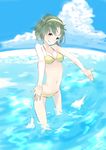  bikini cloud day green_hair grin hairband highres idolmaster idolmaster_(classic) otonashi_kotori red_eyes rikkukku short_hair sky smile solo swimsuit wading water 