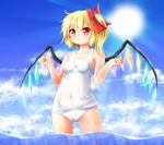  blonde_hair cameltoe covered_navel flandre_scarlet highres one-piece_swimsuit red_eyes rena_(riries) school_swimsuit side_ponytail solo swimsuit touhou water white_school_swimsuit white_swimsuit wings 