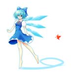  barefoot blue_eyes blue_hair blue_skirt bow cirno fairy full_body hair_bow ice leaf open_mouth osashin_(osada) ribbon short_hair skirt smile snowflakes solo touhou transparent_background wings 