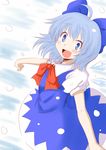  ahoge bad_id bad_pixiv_id blue_dress blue_eyes blue_hair blush bow cirno dress fairy fang hair_bow highres ice looking_back nekota_susumu open_mouth outstretched_arms ribbon short_hair smile snow solo standing touhou wings 