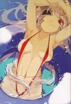  bikini breasts clothed clothing eye_patch eyewear fangs female grey_hair hair inner_tube long_hair maruku nail_polish one-piece_swimsuit pool queen&#039;s_blade queen's_blade red_eyes skimpy sling_bikini smile solo swimsuit water 