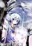  blue_dress blue_eyes blue_hair bow cirno dress fairy hair_bow hakobako ice ribbon short_hair solo standing sunlight touhou tree wings 