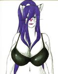 blue_eyes bra breasts feline female hair long_hair looking_at_viewer mammal nekuila ponytail purple_hair solo underwear verya 