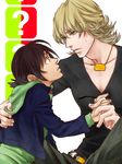  ? barnaby_brooks_jr belt blonde_hair brown_eyes brown_hair child eyewear_removed glasses green_eyes holding holding_eyewear holding_hands hood hoodie jewelry kaburagi_t_kotetsu male_focus multiple_boys necklace shirt studded_belt sweat t-shirt tiger_&amp;_bunny time_paradox tk_(gixsa) younger 