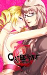  bare_shoulders blonde_hair blue_eyes breasts brown_eyes brown_hair catherine catherine_(game) drill_hair glasses highres katherine_mcbride lipstick long_hair makeup medium_breasts multiple_girls nahomi0319 semi-rimless_eyewear sweater twin_drills twintails under-rim_eyewear yuri 