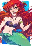  ariel_(disney) armband bare_shoulders blush bra breasts cleavage disney female fish_tail hair_ornament long_hair mermaid midriff monster_girl nshi open_mouth red_eyes red_hair solo tail the_little_mermaid underwear 