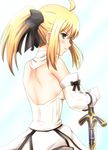  ahoge artoria_pendragon_(all) back bare_shoulders blonde_hair blush bow caliburn diesel-turbo fate/stay_night fate/unlimited_codes fate_(series) from_behind gloves green_eyes hair_bow looking_back ponytail saber saber_lily solo sword weapon 