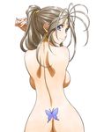  aa_megami-sama antenna_hair ass back backboob belldandy blue_eyes breasts brown_hair bug butterfly butterfly_tattoo earrings facial_mark forehead_mark insect jewelry joy_division large_breasts looking_back nail_polish necklace nude ponytail slender_waist solo tattoo 