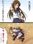  2koma ass baseball baseball_mitt bow brown_eyes brown_hair comic hair_bow instant_loss_2koma lielos long_hair ogasawara_akiko panties pantyshot school_uniform serafuku skirt steam taishou_yakyuu_musume translation_request underwear yamcha_pose 