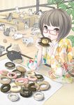  :3 absurdres bad_id bad_pixiv_id bench black_eyes black_hair cat closed_eyes doughnut eating food glasses highres japanese_clothes kimono looking_at_viewer mouth_hold nekobaka o_o open_mouth original red-framed_eyewear short_hair sitting solo table tears too_many too_many_cats 