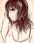  bare_shoulders bra breasts brown_eyes brown_hair cleavage okaka orange_bra original short_hair solo underwear wet wet_clothes 