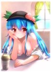  bare_shoulders bloom blue_hair blush breasts chin_rest cleavage collarbone cup drinking_straw food fruit hat hinanawi_tenshi long_hair looking_at_viewer medium_breasts off_shoulder peach red_eyes smile solo takase_muu touhou window 