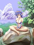  absurdres bare_legs barefoot bikini blue_eyes blue_hair breasts bridal_gauntlets cleavage copyright_request elf feathers feet hands_on_feet highres indian_style katatuki large_breasts pointy_ears rock short_hair sitting sitting_on_rock solo swimsuit 