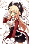  :d belt blonde_hair cravat fang gloves green_eyes hat highres irukawa_oruka kousaka_kirino long_hair open_mouth ore_no_imouto_ga_konna_ni_kawaii_wake_ga_nai pirate pirate_hat simple_background skirt skull skull_and_crossbones smile solo white_gloves 