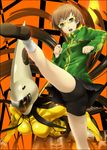  bike_shorts border brown_eyes brown_hair jacket kicking leg_up miniskirt mizuki_makoto open_mouth persona persona_4 satonaka_chie short_hair skirt smiley_face tomoe_(persona_4) track_jacket 