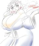  bare_shoulders breasts cleavage curvy dress female food gomesu hat hips huge_breasts hungry pink_hair saigyouji_yuyuko short_hair simple_background sketch solo spoon standing tongue touhou wide_hips 
