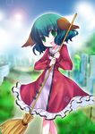  animal_ears bamboo_broom broom dress graveyard green_eyes green_hair highres kasodani_kyouko ogakuru open_mouth short_hair solo touhou 