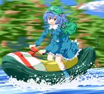  backpack bag blue_eyes blue_hair cucumber hair_bobbles hair_ornament hat kawashiro_nitori key motion_blur open_mouth river ruu_(tksymkw) short_hair smile solo touhou two_side_up water 