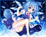  blue_dress blue_eyes blue_hair blush bow cirno dress fairy hair_bow ice open_mouth ribbon runako snowflakes socks solo touhou upskirt white_legwear wings 