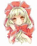  blush clenched_hands eyelashes face frills front_ponytail green_hair hair_ribbon hands kagiyama_hina liang looking_at_viewer orange_eyes portrait ribbon shiny shiny_hair solo touhou yellow_eyes 