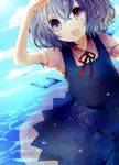  bad_id bad_pixiv_id blue_eyes blue_hair cirno cloud dress dutch_angle hair_ribbon neck_ribbon nini3piyo ribbon short_hair sky solo teeth touhou wavy_hair wings 