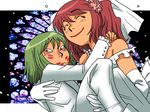  alternate_costume carrying closed_eyes dress elbow_gloves face flower formal gloves green_hair hair_flower hair_ornament lipstick lipstick_mark makeup multiple_girls no_hat no_headwear onikobe_rin onozuka_komachi pant_suit princess_carry red_hair red_lipstick shiki_eiki smile stained_glass suit touhou veil wedding wedding_dress wife_and_wife yuri 
