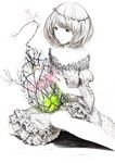  bangs bare_shoulders bob_cut branch cage collarbone dress fashion floral_print flower frilled_dress frills gathers head_wreath highres lily_(flower) monochrome original short_hair simple_background solo sousou_(sousouworks) spot_color strapless strapless_dress swept_bangs 