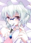  bespectacled blue-framed_eyewear condom condom_wrapper flandre_scarlet fujisaki_hikari glasses hat highres holding holding_condom purple_eyes remilia_scarlet short_hair solo touhou white_hair 