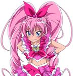  blue_eyes blush bow braid brooch cure_melody dress earrings eyelashes hair_ribbon hairband hands_on_hips heart houjou_hibiki jewelry long_hair magical_girl midriff pink_bow pink_hair precure ribbon sinko_(sinsin) smile solo suite_precure twintails 