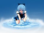  amau_(artist) amau_(kosmos) barefoot blue_eyes blue_hair bow cirno dress empty_eyes fairy frown hair_bow highres ice kneeling open_mouth short_hair solo touhou 