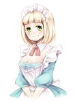  anz_(starry) ao_no_exorcist apron bad_id bad_pixiv_id blonde_hair blush breasts cleavage green_eyes highres large_breasts maid_headdress moriyama_shiemi short_hair smile solo 