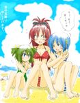  3girls :o ;d \m/ bad_id bad_pixiv_id beach bikini blue_eyes blue_hair blush chitose_yuma green_hair hair_bobbles hair_ornament kyubey long_hair mahou_shoujo_madoka_magica mahou_shoujo_oriko_magica miki_sayaka multiple_girls one_eye_closed open_mouth red_eyes red_hair sakura_kyouko shochuumimai short_hair short_twintails smile summer swimsuit translated twintails 