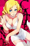  atlus blonde_hair blue_eyes bow bow_tie bowtie bra breasts catherine catherine_(game) choker cleavage dress drill_hair female highres lingerie long_hair red_ribbon ribbon solo thighhighs twin_drills twintails u-ka_(pixiv5407) underwear white_bra white_legwear white_thighhighs 