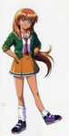  90s akai_homura bare_legs full_body green_eyes green_shirt hibikino_high_school_uniform kokura_masashi long_hair necktie official_art orange_hair orange_skirt scan school_uniform shirt shoes skirt sleeves_rolled_up smile sneakers socks solo tokimeki_memorial tokimeki_memorial_2 