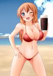  ;d alcohol beach beer beer_mug bikini blue_eyes blush breasts charlotte_e_yeager cloud cup day drunk hajime_monji holding holding_cup large_breasts long_hair mug navel ocean one_eye_closed open_mouth orange_hair outdoors sky smile solo strike_witches swimsuit world_witches_series 