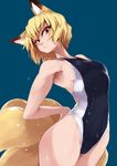  animal_ears arched_back ario blonde_hair breasts brown_eyes competition_swimsuit cowboy_shot fox_ears fox_tail medium_breasts multiple_tails one-piece_swimsuit short_hair sideboob simple_background solo stretch swimsuit tail touhou wet yakumo_ran 