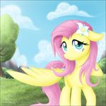  blue_eyes cloud clouds cute cutie_mark equine female feral flower fluttershy_(mlp) friendship_is_magic grass hair hasbro horse mammal mountain my_little_pony outside pegasus pink_hair pony sky skyheavens solo tree wings wood 