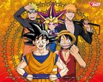  black_hair bleach blonde_hair crossover dragonball kurosaki_ichigo monkey_d_luffy multi-colored_hair naruto one_piece short_hair son_goku spiky_hair uzumaki_naruto whiskers yami_yugi yu-gi-oh! 