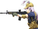  animal_ears assault_rifle bandolier baseball_cap bunny_ears byeontae_jagga elbow_pads gun hat load_bearing_vest long_hair m4_carbine magazine_(weapon) military military_operator purple_hair red_eyes reisen_udongein_inaba rifle scope solo sopmod touhou vertical_foregrip weapon 