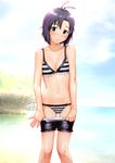  3: ahoge antenna_hair bare_shoulders bikini black_hair blush day idolmaster idolmaster_(classic) kikuchi_makoto looking_at_viewer messy_hair navel outdoors pulled_by_self short_hair shorts shorts_pull shy solo striped striped_bikini swimsuit ueyama_michirou undressing 